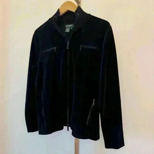 Lauren Ralph Lauren Women's Petite Velour Full Zip Jacket Black L